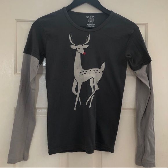 Green 3 Gray Holiday/Christmas Reindeer Top Small - Picture 1 of 5